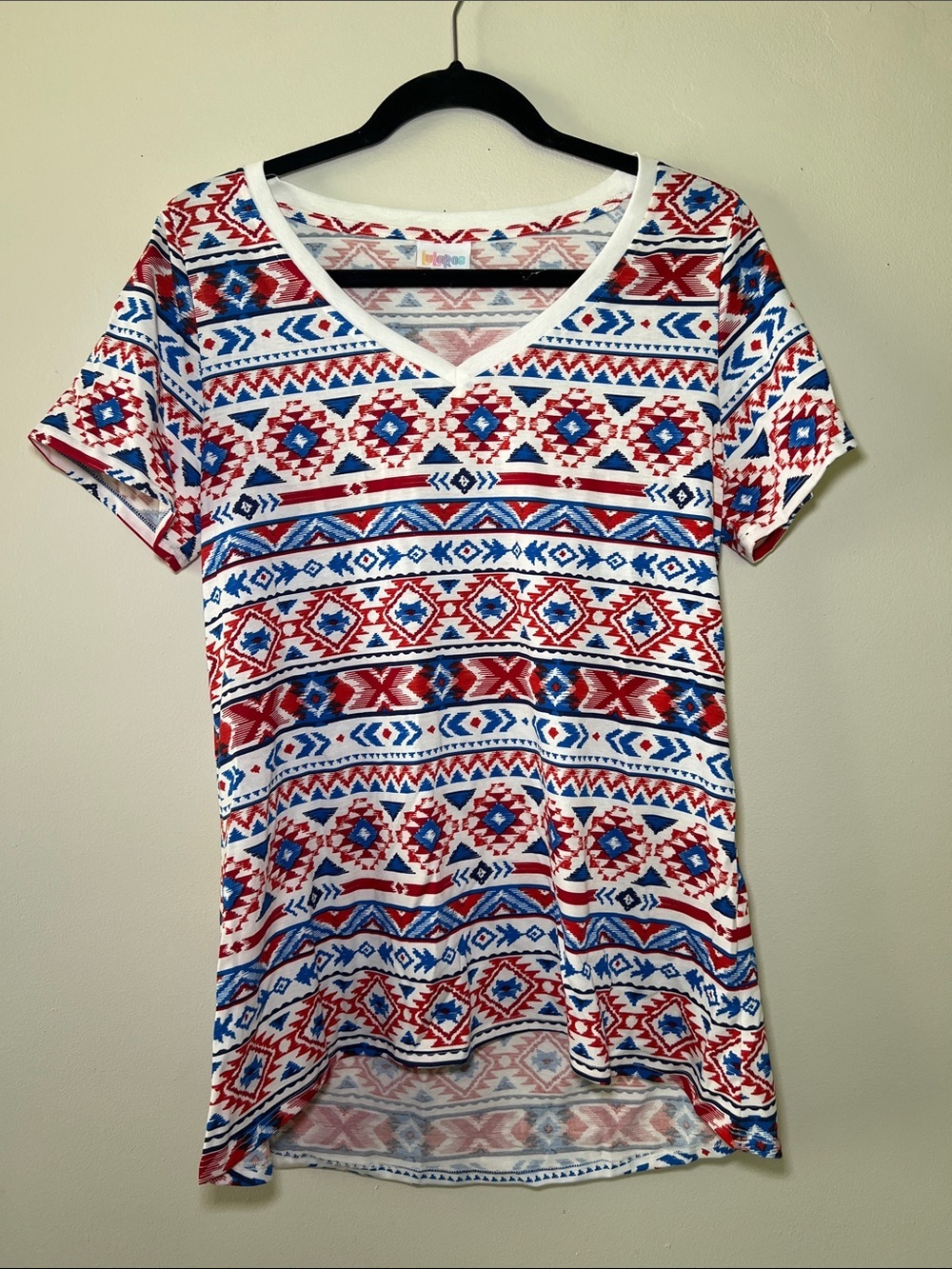 LuLaRoe Christy T V-Neck Short Sleeve Tee - Red, Blue & White Aztec